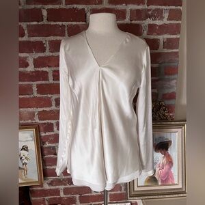 Brunello Cucinelli Silk Satin Cream V-Neck Blouse with Organza Hem Detail